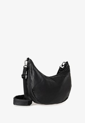 Schwarze Leder Schultertasche mit ergonomischer Form und verstellbarem Tragegurt. Verfügt über einen Reißverschluss und eine glatte Textur, ideal für den täglichen Gebrauch.