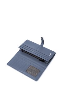 Blue leather wallet, featuring a zippered compartment, multiple card slots, a textured card holder, and snap closure. Smooth texture throughout.