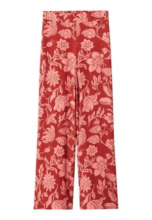Pantalon rouge à jambes larges avec motifs floraux et feuillus rose pâle sur toute la surface, taille haute et texture de tissu lisse.