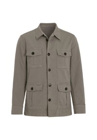 Grijze jas met knopen en vier klepzakken aan de voorkant en een klassieke kraag, weergegeven tegen een effen witte achtergrond.