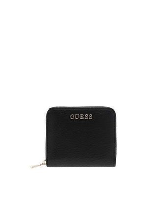 Portefeuille noir en cuir avec fermeture éclair tout autour et logo "GUESS" doré embossé sur le devant.