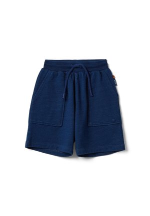 Marineblaue Baumwollshorts mit elastischem Bund, vorderem Kordelzug und zwei großen aufgesetzten Taschen vorne, freigestellt vor weißem Hintergrund.