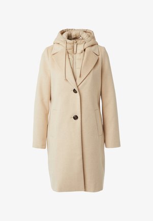 Beige wool-blend coat with a detachable quilted hood, double-breasted design, two front pockets, and dark buttons. Smooth texture.