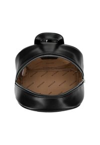 Sac à dos en cuir noir ouvert, révélant un intérieur en lin beige imprimé avec "WITTCHEN" à plusieurs reprises, fermeture éclair argentée partiellement dézippée.