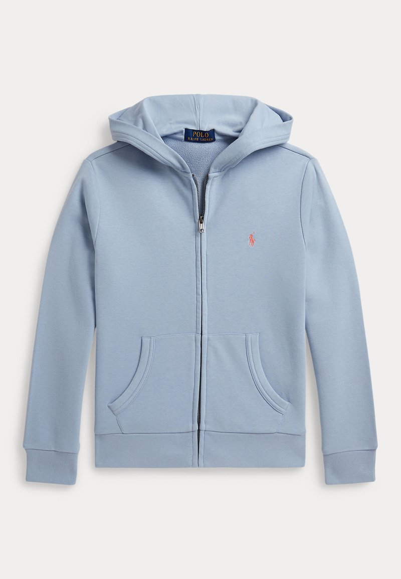 Hellblauer Kapuzenpullover mit Reißverschluss, Fronttaschen, Kapuze und kleinem gesticktem Polo Ralph Lauren-Logo auf der linken Brust.