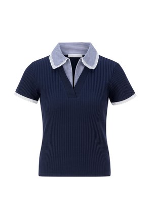 Marineblaues kurzärmeliges Ripp-Top mit tiefem V-Ausschnitt, mehrlagigem blau-weiß gestreiftem Kragen und gewelltem weißen Besatz am Kragen und an den Ärmeln.