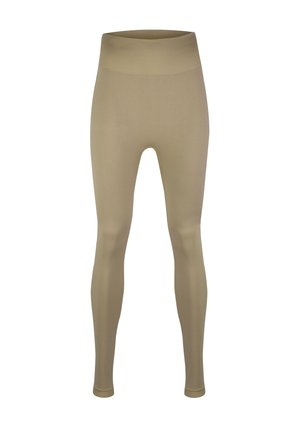 Beige, hochtaillierte Leggings aus dehnbarem Material. Glatte Textur mit enganliegendem Design, das zum Knöchel hin schmaler wird. Keine sichtbaren Nähte.