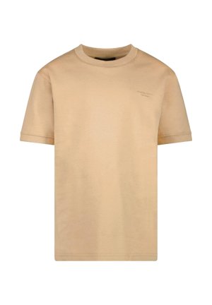 Beige T-shirt met korte mouwen en ronde hals, met ribbelkraag en ribbelmouwen, eenvoudige voorkant met subtiele reliëftekst op de bovenste linkerkant van de borst.