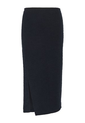 Gebreide donkerblauwe kokerrok met een zijsplit; gestructureerde stof, slim fit ontwerp en een lengte onder de knie. Geen zichtbare hardware of accenten.