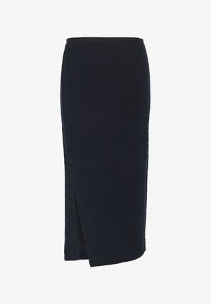 Gebreide donkerblauwe kokerrok met een zijsplit; gestructureerde stof, slim fit ontwerp en een lengte onder de knie. Geen zichtbare hardware of accenten.