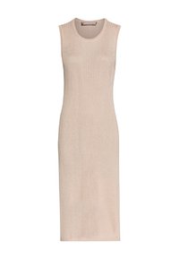 Abito senza maniche in maglia color beige chiaro, caratterizzato da una texture a coste, silhouette aderente e lunghezza al ginocchio. Semplice ed elegante.