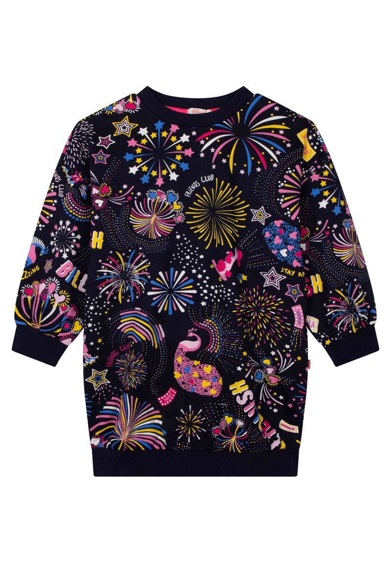 Granatowa bluza z kolorowymi fajerwerkami, gwiazdami, sercami, tęczami, pawiem i napisami takimi jak "Friends Club" i "Hush" w wyrazistych wzorach.