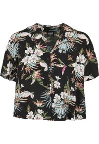 Schwarzes Kurzarmhemd mit floralem Muster, weißen Blumen und grünen Blättern, aus leichtem Stoff und mit Knopfleiste.