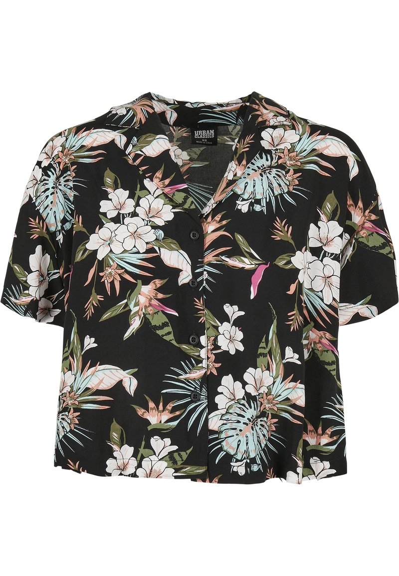 Schwarzes Kurzarmhemd mit floralem Muster, weißen Blumen und grünen Blättern, aus leichtem Stoff und mit Knopfleiste.