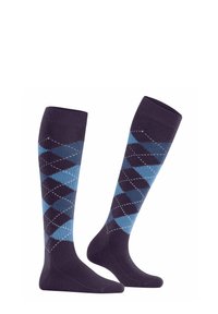 Calze navy alte fino al ginocchio con un motivo argyle blu chiaro e blu scuro, con contorni dei diamanti bianchi.