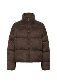 Rudas pūkuotas švarkas su aukštu apykakle, užtrauktuku priekyje ir siūtais poteis, kurie sukuria kvadratinį siluetą. Lygus, blizgus audinys.