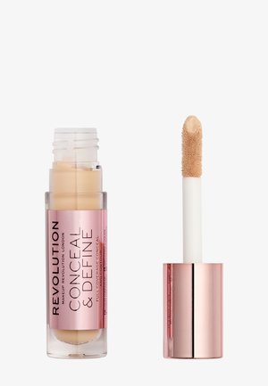 Revolution Conceal & Define Concealer in einem transparenten Röhrchen mit einem pinken Etikett; verfügt über einen weißen Applikatorstab und eine beige Flüssigkeitskonsistenz.