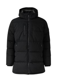 Schwarze Pufferjacke aus gestepptem Material mit Reißverschluss vorne, zwei Seitentaschen und abnehmbarer Kapuze. Verfügt über zwei Brusttaschen.