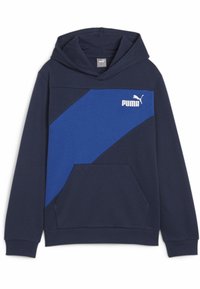 Felpa con cappuccio blu navy caratterizzata da un pannello diagonale blu, una tasca a canguro frontale e un logo Puma bianco sul petto. Materiale in misto cotone.