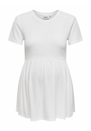 T-shirt de maternité blanc à manches courtes, texture côtelée, corsage ajusté et ourlet �évasé, conçu pour le confort pendant la grossesse.
