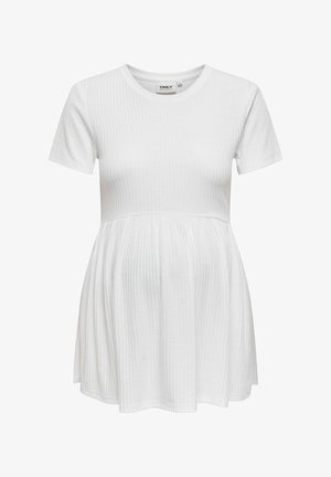 Weißes Schwangerschafts-T-Shirt mit kurzen Ärmeln, gerippter Textur, figurbetontem Oberteil und ausgestelltem Saum, entwickelt für Komfort während der Schwangerschaft.