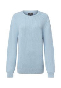 Jas noniebieski sweter prążkowany z okrągłym dekoltem, długimi rękawami i luźnym krojem. Posiada strukturalny wzór dzianiny oraz prążkowane mankiety.