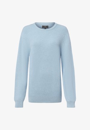 Helles blaues, geripptes Sweatshirt mit Rundhalsausschnitt, langen Ärmeln und lockerer Passform. Verfügt über ein strukturiertes Strickmuster und gerippte Bündchen.