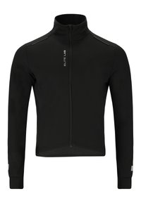 Veste de vélo à manches longues noire, avec col haut, fermeture éclair à l'avant, accents réfléchissants et tissu texturé pour la flexibilité et la respirabilité.