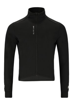 Schwarze Langarm-Radjacke mit hohem Kragen, Frontreißverschluss, reflektierenden Akzenten und strukturiertem Stoff für Flexibilität und Atmungsaktivität.