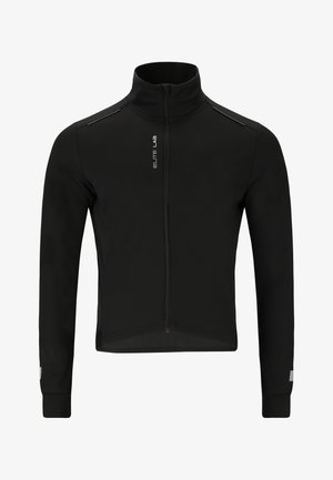 Sort langærmet cykeljakke med høj krave, frontlynlås, reflekterende detaljer og struktureret stof for fleksibilitet og åndbarhed.