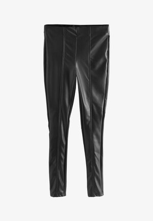 Black faux leather pants featuring a fitted design, smooth texture, and vertical seams for added detail. Ankle-length with a structured waistband.