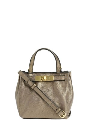 Sac à main en cuir bronze métallique avec des anses supérieures, fermoir à tourniquet doré, et une bandoulière réglable sur le devant.