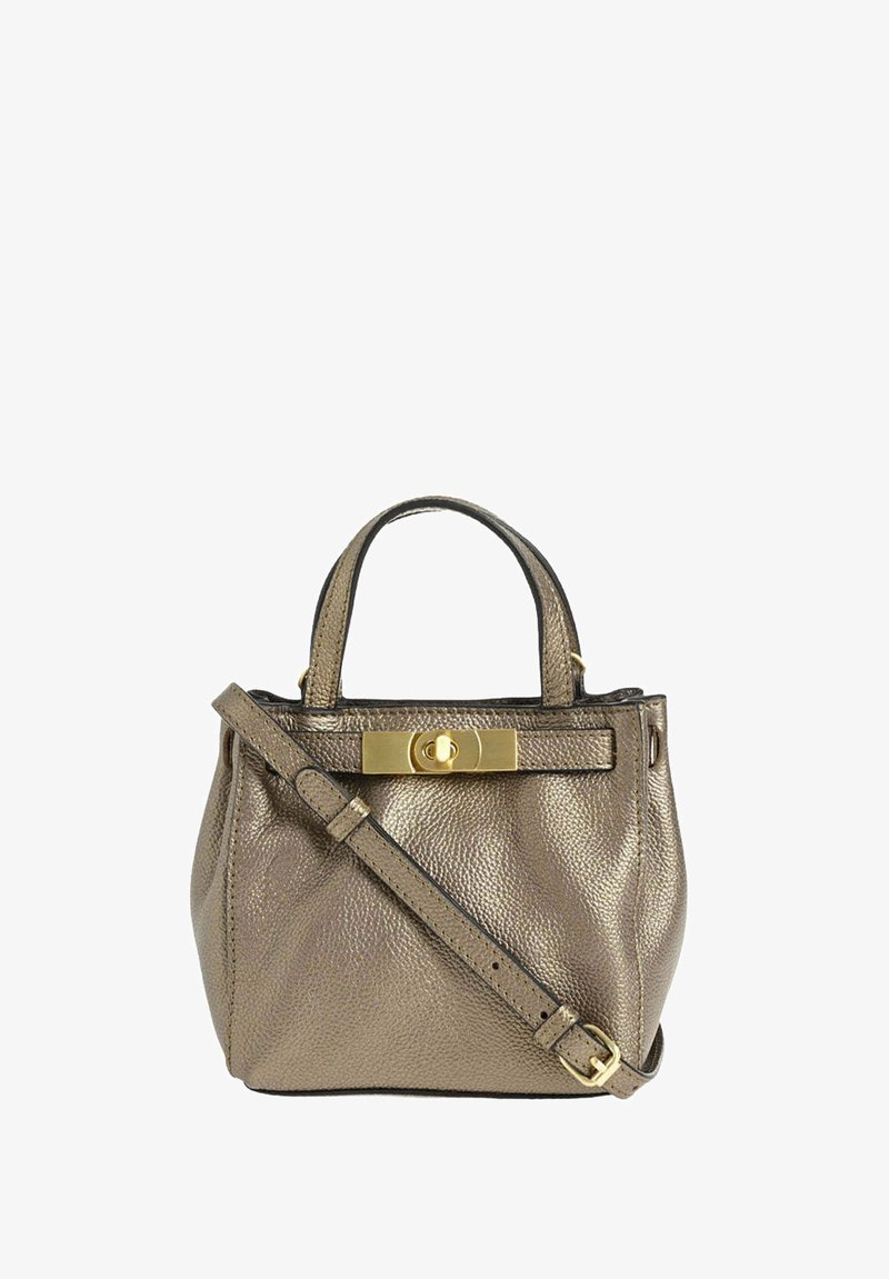 Sac à main en cuir bronze métallique avec des anses supérieures, fermoir à tourniquet doré, et une bandoulière réglable sur le devant.