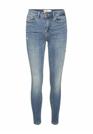 Šaurās džinsi vidēji zilā džinsa audumā, ar priekšējo rāvējslēdzēju un pogu aizdari, ar maziem nolietojuma elementiem un klasisku piecu kabatu dizainu.