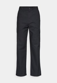 Black cargo pants with a straight-leg design, made from a durable fabric, featuring side pockets and a button closure at the waist.
