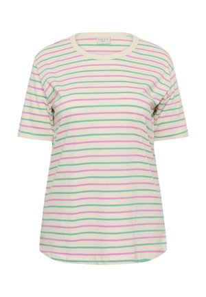 Pruhované tričko s krátkym rukávom v krémovej farbe, s horizontálnymi pruhmi v zelenej a ružovej farbe. Jemný bavlnený materiál s okrúhlym výstrihom.