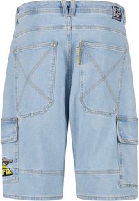 Lyseblå denim cargo shorts med to sidelommer, baklommer og gule sømdetaljer. Merkbar UFO-grafikk på en av lommene.