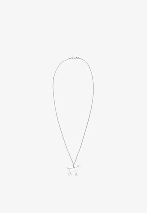 Zilveren ketting met een dunne schakel en een honden silhouet hanger met een hart uitsnede. Eenvoudig ontwerp met een gladde textuur.