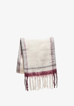 Wollendecke in Creme mit grauen und burgunderfarbenen Streifen, mit fransigen Kanten und einer weichen, strukturierten Oberfläche.