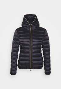 Marineblaue Steppjacke mit durchgehendem Reißverschluss und Kapuze. Mit einem gesteppte Design, glatter Textur und kontrastierenden goldfarbenen Reißverschluss-Elementen.