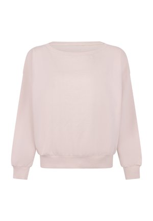 Hellrosa langärmliger Pullover mit Rundhalsausschnitt, gerippten Bündchen und Bund, auf weißem Hintergrund dargestellt.