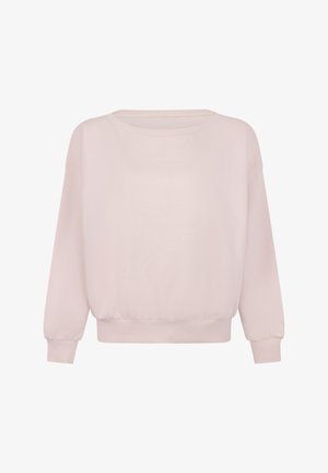 Hellrosa langärmliger Pullover mit Rundhalsausschnitt, gerippten Bündchen und Bund, auf weißem Hintergrund dargestellt.