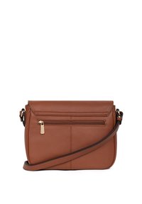 Borsa a tracolla in pelle marrone con chiusura a patta, tasca frontale con zip e tracolla regolabile. Texture liscia e design semplice.