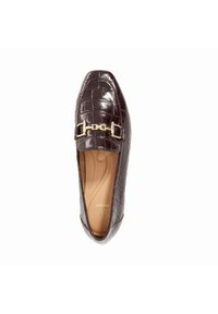Burgundy patent leather loafer features a crocodile texture, square toe, and gold hardware accent across the instep. Smooth interior lining.