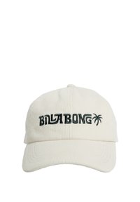 Hvid fløjlskasket med mørkegrøn "BILLA BONG" broderi og et palme-design. Blød tekstur med en buet skygge.