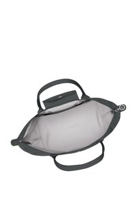 Borsa tote grigia con due manici, caratterizzata da un esterno liscio. Interno foderato di un grigio chiaro con un compartimento con zip e una piccola tasca.