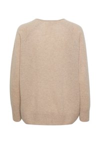 Beige Damenpullover mit weichem Material, rundem Ausschnitt, Raglanärmeln und geripptem Saum. Minimalistisches Design ohne Verzierungen.