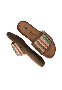 Sandales à glissière tressées avec une sangle multicolore en rose, bleu et beige. Semelle intérieure en cuir et impression subtile du logo sur le pied.