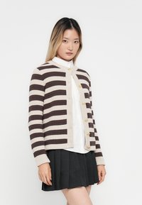 Ung kvinne iført en beige og mørk brun stripete cardigan over en hvit skjorte, kombinert med et svart plisserte skjørt, stående mot en hvit bakgrunn.