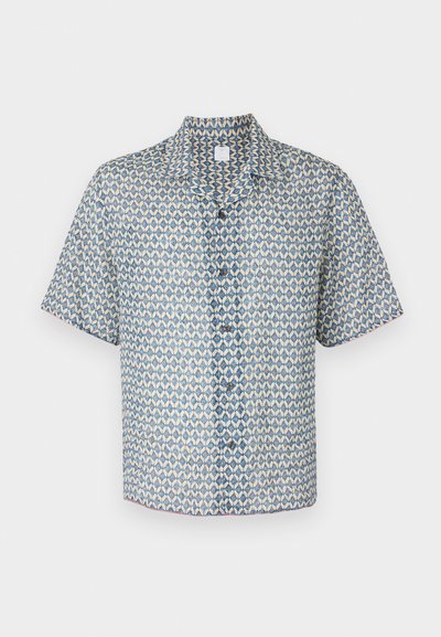 Krátke rukávy košele z ľahkej tkaniny s modro-krémovým geometrickým vzorom, s gombíkovým zapínaním vpredu a golierom.